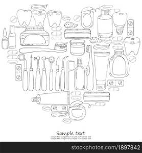Heart Coloring of vector illustrations, text. Set of elements for the care of the oral cavity in hand draw style. Teeth cleaning, dental health, dental instruments. Monochrome medical illustrations. Coloring pages, black and white