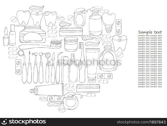 Heart Coloring of vector illustrations, text. Set of elements for the care of the oral cavity in hand draw style. Teeth cleaning, dental instruments. Monochrome medical illustrations. Coloring pages, black and white