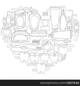 Heart Coloring page. Set of elements for the care of the oral cavity in hand draw style. Teeth cleaning, dental health. Teeth, floss, brush, paste. Monochrome medical illustrations. Coloring pages, black and white