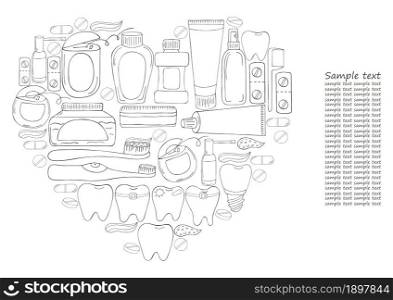 Heart Coloring page, text. Set of elements for the care of the oral cavity in hand draw style. Teeth cleaning, dental health. Teeth, brush, paste. Monochrome medical illustrations. Coloring pages, black and white