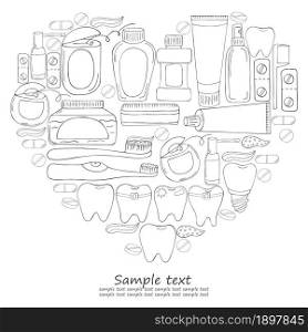 Heart Coloring page, text. Set of elements for the care of the oral cavity in hand draw style. Teeth cleaning, dental health. Teeth, floss, brush, paste. Monochrome medical illustrations. Coloring pages, black and white