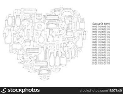 Heart Coloring vector illustrations, text. Laboratory assistant doctor tools set in hand draw style. Analysis tools, virus search. Doctor&rsquo;s case, microscope. Monochrome medical illustrations. Coloring pages, black and white