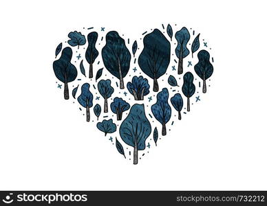 Heart concept of trees and bushes. Composition for card, banner, social media network. Vector illustration of doodle style elements.