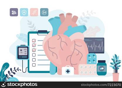 Heart connected to medical equipment. Heartbeat diagram on monitor screen. Examination of circulatory system for diseases. Concept of cardiology, medicine and healthcare. Flat vector illustration. Heart connected to medical equipment. Heartbeat diagram on monitor screen. Examination of circulatory system for diseases