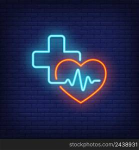 Heart, cross and cardiogram neon sign. Medicine, cardiology and healthcare concept. Advertisement design. Night bright neon sign, colorful billboard, light banner. Vector illustration in neon style.