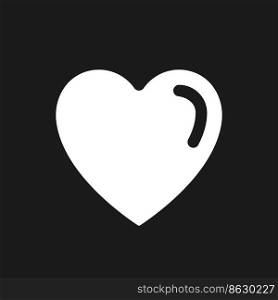 Heart dark mode glyph ui icon. Tender feelings. Healthcare and wellness. User interface design. White silhouette symbol on black space. Solid pictogram for web, mobile. Vector isolated illustration. Heart dark mode glyph ui icon