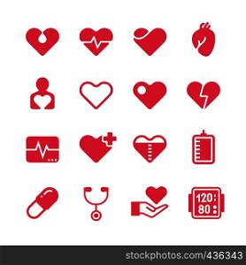 Heart diagnosis and cardiac treatment vector icons. Cardiology red silhouette pictograms. Medicine diagnosis health, cardiology sign collection illustration. Heart diagnosis and cardiac treatment vector icons. Cardiology red silhouette pictograms