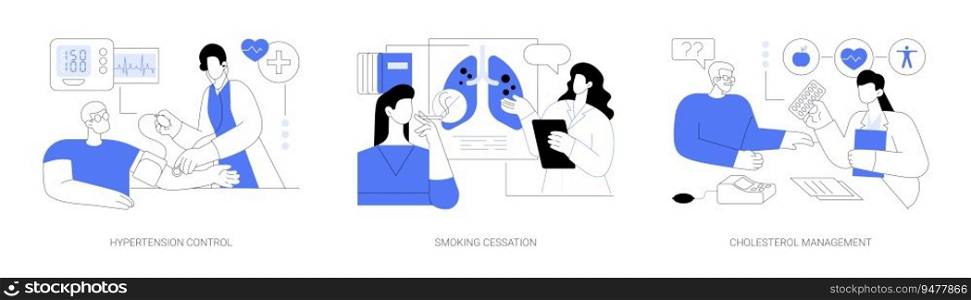Heart disease and stroke disease prevention abstract concept vector illustration set. Hypertension control, smoking cessation, cholesterol management, public health medicine abstract metaphor.. Heart disease and stroke disease prevention abstract concept vector illustrations.