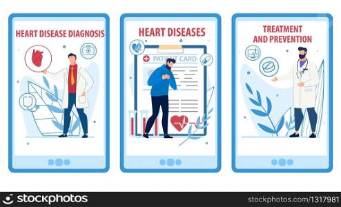 Heart Disease Prevention, Diagnosis, Treatment Mobile Webpage Set. Social Media Online Service Landing Page Kit. Cartoon Cardiologist and Patient Suffering from Pain in Chest. Vector Flat Illustration. Heart Disease Prevention and Treatment Webpage Set