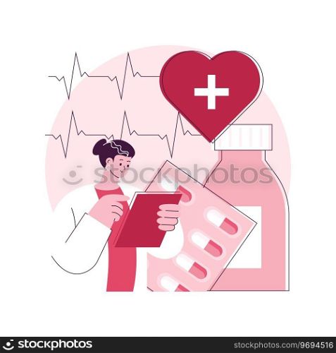 Heart disease treatment abstract concept vector illustration. Chest pain, heartbeat problem, patient cure, professional therapy and hospital care, medication and pills abstract metaphor.. Heart disease treatment abstract concept vector illustration.