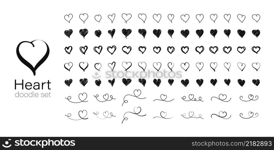 Heart doodle icon set, hearts hand drawn valentine collection. Grunge outline romance symbol icons.