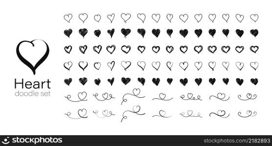Heart doodle icon set, hearts hand drawn valentine collection. Grunge outline romance symbol icons.