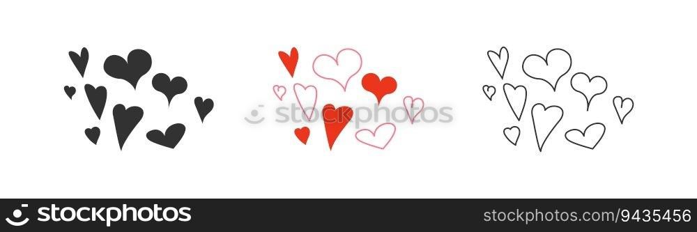 Heart doodle icon set isolated on white background. Love symbol. Feelings, st valentine&rsquo;s day, romantic, sketch, wedding. Flat design for web UI. Vector illustration.