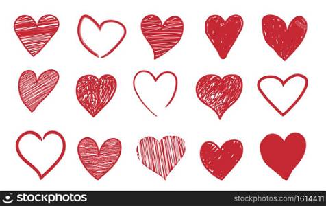 Heart doodle icons. Romantic red symbols for Valentine invitation and greeting cards. Hand drawn decorative elements. Outline or painted sketches. Childish pencil style love signs. Vector isolated set. Heart doodle icons. Romantic red symbols for Valentine invitation and greeting cards. Hand drawn decorative elements. Outline or painted sketches. Pencil style love signs, vector set