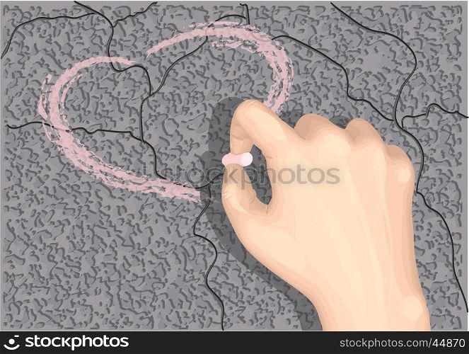 heart drawn on asphalt with rose chalk