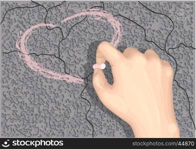 heart drawn on asphalt with rose chalk