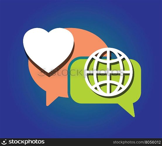 heart, earth globe, symbol as and speech bubble as love peace communication concept vector illustration