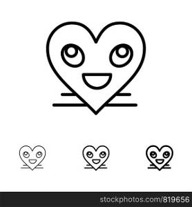 Heart, Emojis, Smiley, Face, Smile Bold and thin black line icon set