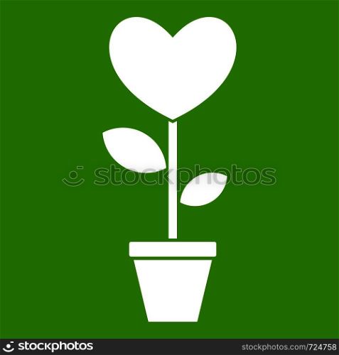 Heart flower in a pot icon white isolated on green background. Vector illustration. Heart flower in a pot icon green