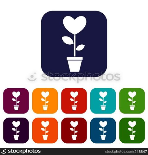 Heart flower in a pot icons set vector illustration in flat style In colors red, blue, green and other. Heart flower in a pot icons set flat
