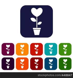 Heart flower in a pot icons set vector illustration in flat style In colors red, blue, green and other. Heart flower in a pot icons set flat