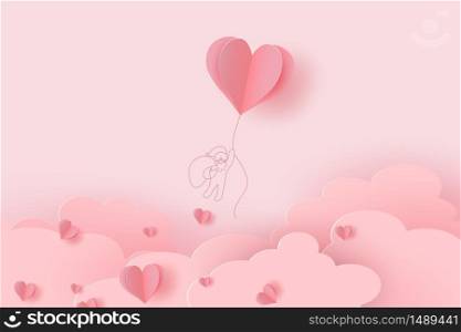 Heart flying balloon with drawing Santa Claus on pink background. Vector love postcard for Happy Valentine Day or Merry Christmas greeting card design. Paper flying elements of love shape of heart