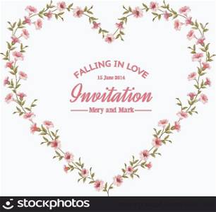 Heart frame from pink flowers isolated on white background. Vector illustration.