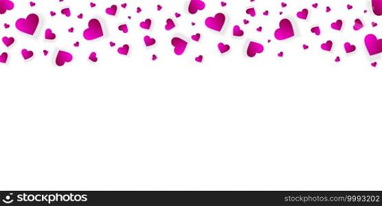 Heart frame Valentines day vector border, love banner template with falling pink scatter confetti petals. Horizontal upper bordering for wedding invitation isolated white background, pattern, mockup. Heart frame vector banner, border, love background