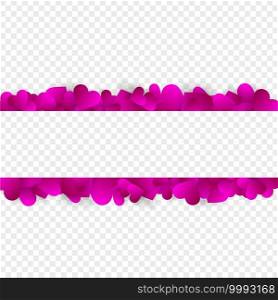Heart frame vector banner or border, love background with pink hearts confetti or petals. Horizontal header footer template. Valentines day or wedding invitation isolated on transparent background 3d. Heart frame, border, love background vector banner