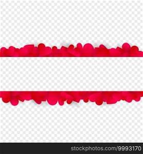 Heart frame vector banner or border, love background with red hearts confetti or petals. Horizontal header footer template. Valentines day or wedding invitation isolated on transparent background 3d. Valentines day or wedding invitation banner frame
