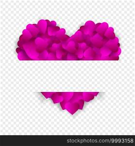 Heart frame vector border love background with big pink heart made of confetti or petals with horizontal copy space isolated on transparent background. Banner for Valentines day or wedding invitation. Heart frame vector border or love background.