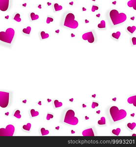 Heart frame vector border love banner with falling pink scatter confetti petals. Square up and down double bordering 3d effect Valentines day wedding invitation template isolated white background. Heart frame vector banner, border, love background