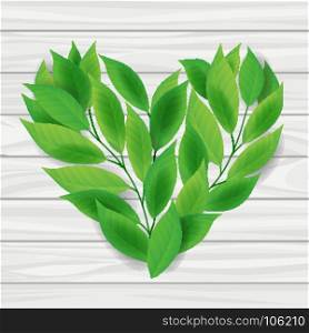 Heart from green leaves. Heart from green leaves on plank background, vector illustration