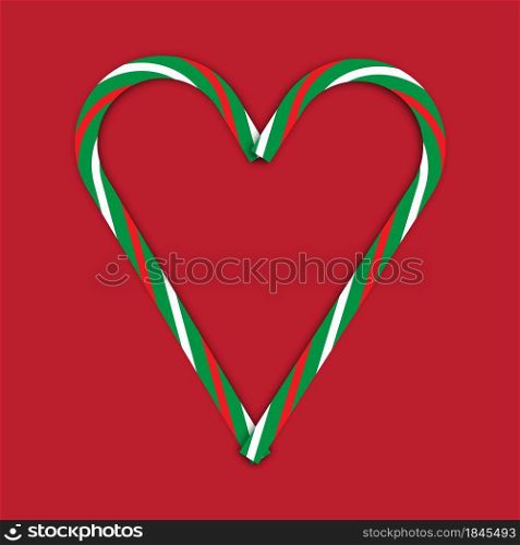 Heart from green, red and white christmas candy cane on red background. Love time. Vector illustration. Stock image. EPS 10.. Heart from green, red and white christmas candy cane on red background. Love time. Vector illustration. Stock image.