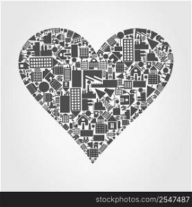 Heart from houses and buildings. A vector illustration