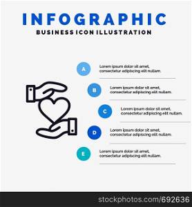 Heart, Give, Hand, Favorite, Love Blue Infographics Template 5 Steps. Vector Line Icon template