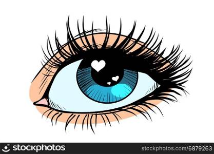 Heart glare in the eye. Female eyes with blue pupil. Pop art retro vector illustration. Heart glare in the eye