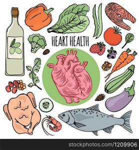 HEART HEALTH DIET Human Nutrition Vector Illustration Set