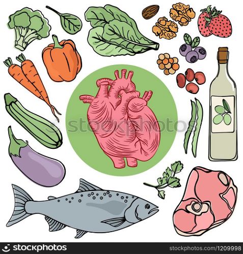 HEART HEALTH FOOD Human Diet Nutrition Vector Illustration