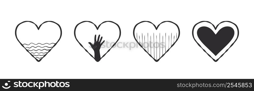 Heart icon collection. Hand-drawn heart with a hand and other textures. Vector images