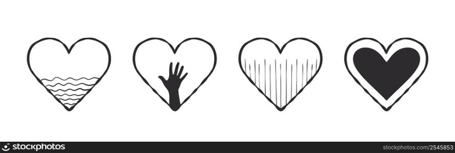 Heart icon collection. Hand-drawn heart with a hand and other textures. Vector images