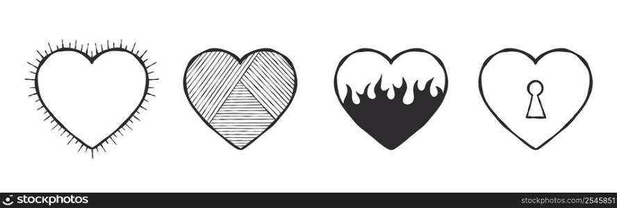 Heart icon collection. Hand-drawn hearts with various contents. Vector images