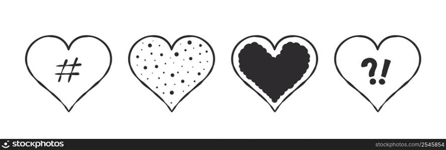 Heart icon collection. Hearts drawn by hand with different textures. Vector images