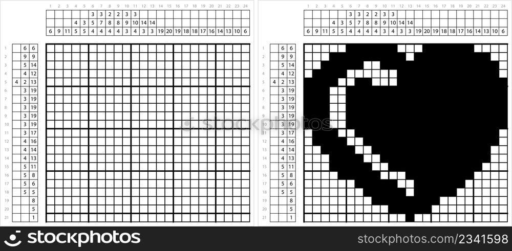 Heart Icon Nonogram Pixel Art, Heart Shape, Emotion, Affection, Love, Valentine Icon Vector Art Illustration, Logic Puzzle Game Griddlers, Pic-A-Pix, Picture Paint By Numbers, Picross,