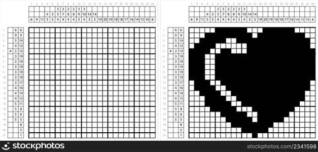 Heart Icon Nonogram Pixel Art, Heart Shape, Emotion, Affection, Love, Valentine Icon Vector Art Illustration, Logic Puzzle Game Griddlers, Pic-A-Pix, Picture Paint By Numbers, Picross,