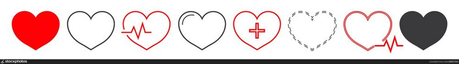 Heart icon. Outline shape for love and health. Graphic medical symbol. Set of red and black hearts. Linear cardio signs isolated on white background for valentine, life and ecg. Vector.. Heart icon. Outline shape for love and health. Graphic medical symbol. Set of red and black hearts. Linear cardio signs isolated on white background for valentine, life and ecg. Vector