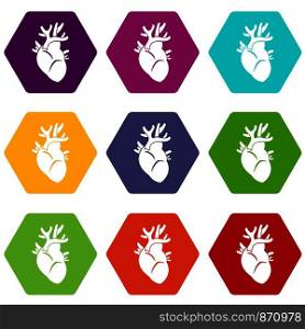 Heart icon set many color hexahedron isolated on white vector illustration. Heart icon set color hexahedron
