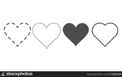 Heart icon set. Outline love vector signs isolated on a background. Gray black graphic shape and dashed dot line art for romantic wedding or valentine gift