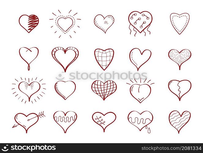 Heart icon vector set in doodle style. Outline hand drawn simple red valentines collection. Love signs for web, social net. Happy valentine day logo symbols.. Heart icon vector set in doodle style. Outline hand drawn simple red valentines collection.