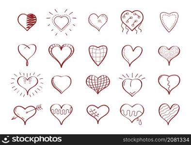 Heart icon vector set in doodle style. Outline hand drawn simple red valentines collection. Love signs for web, social net. Happy valentine day logo symbols.. Heart icon vector set in doodle style. Outline hand drawn simple red valentines collection.